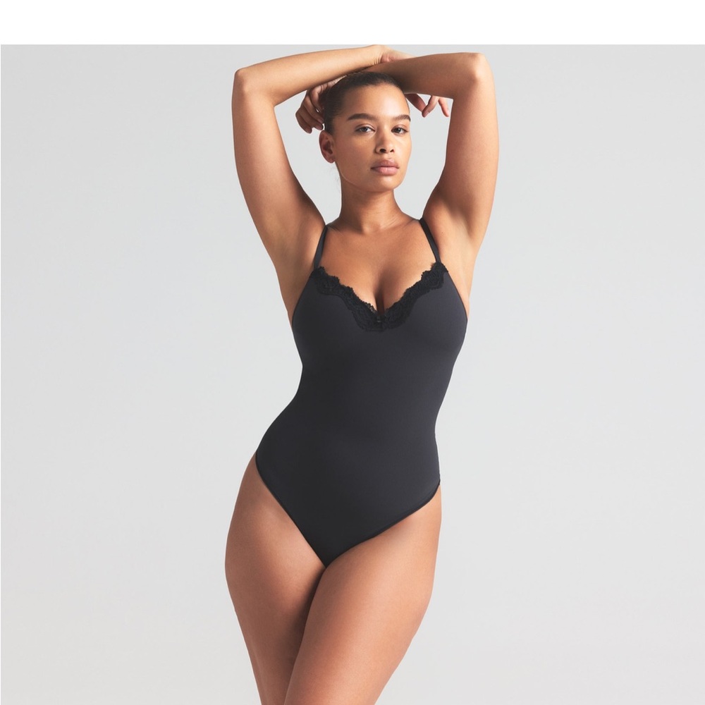 SKIMS Black Lace Trim Bodysuit